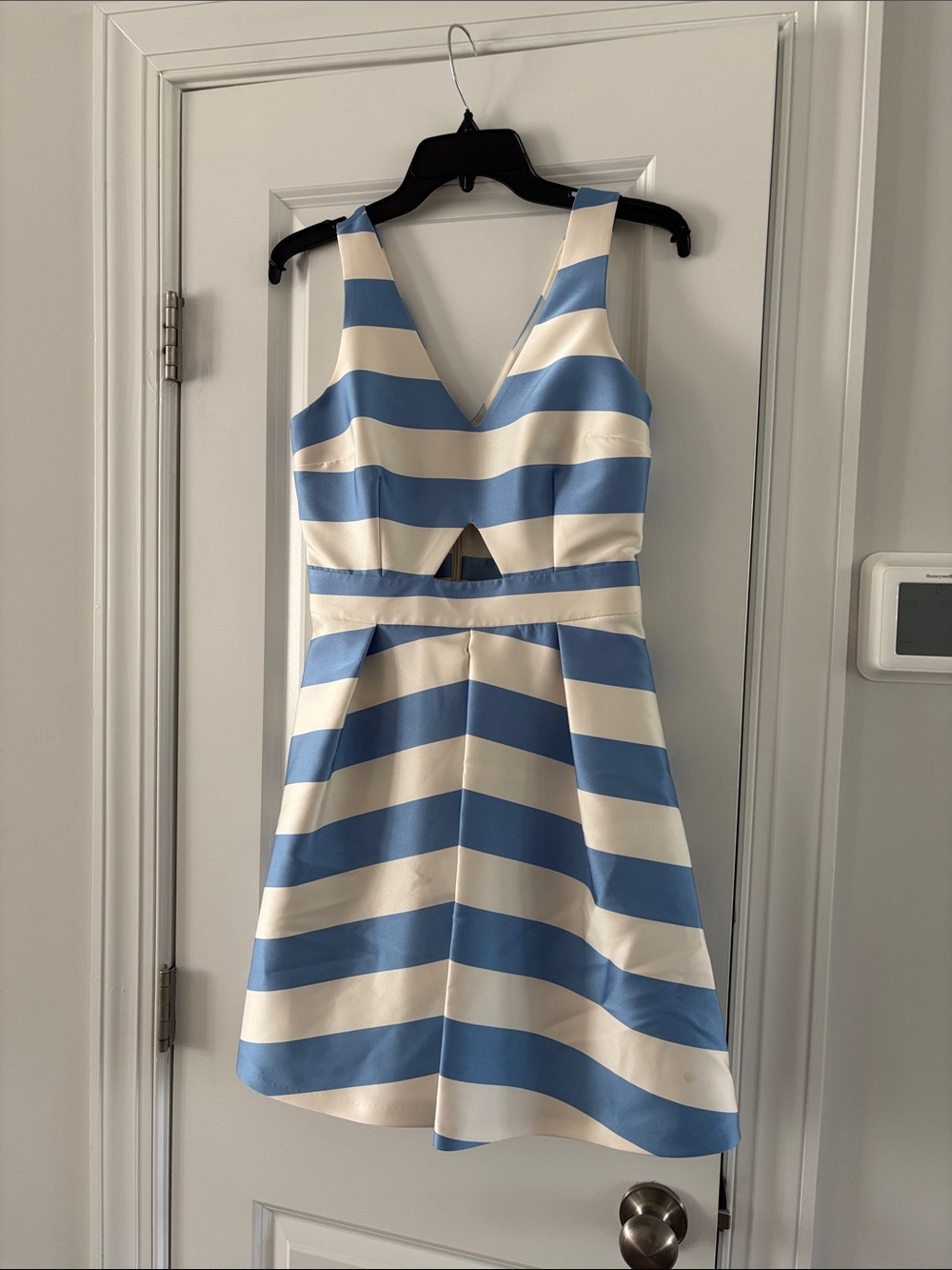 Topshop Blue and White Striped V-Neck Mini Dress